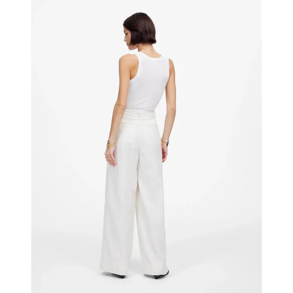 Madewell Superwide-Leg Trouser in Pinstripe Linen Blend Womens 4 Ivory Black - Picture 12 of 16